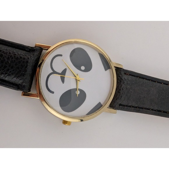 Panda Dial Watch Unisex Gold 38mm Case Faux Black Leather Band- New Battery - Picture 5 of 9